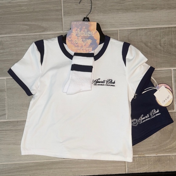 Girls Los Angeles 3pc set White and Navy Tee - Picture 1 of 4